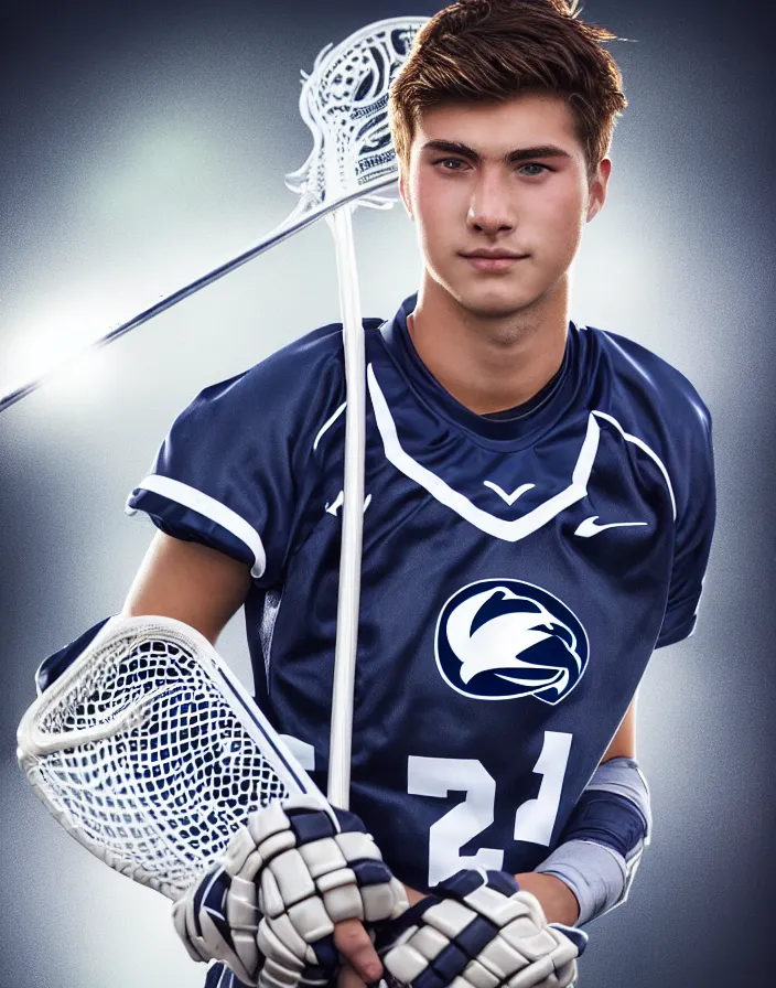 Image similar to closeup portrait of very beautiful cute male lacrosse player in a penn state stadium, glamour pose, particle effects, backlit, highly detailed, soft ambient lighting, sharp focus, rule of thirds, artgerm, wlop, arney freytag, rossdraws, frank frazetta, andrei riabovitchev, hd, octane, 4 k