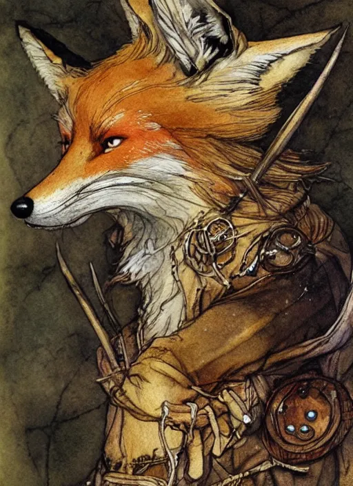 Image similar to portrait of a fox - faced theif, human features, dnd, gwelf, highly detailed, perfect lighting, watercolor and ink illustration, muted colors. perfect composition, 4 k, by brian froud, larry macdougall, jean - baptiste monge, arthur rackham