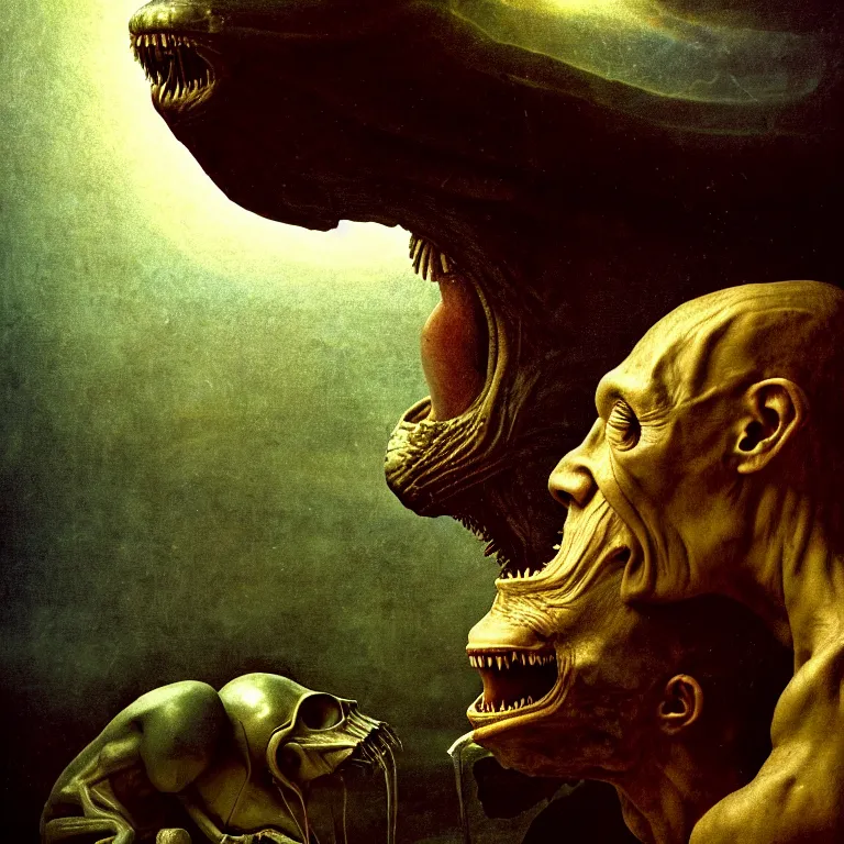 Image similar to closeup portrait of alien kissing prehistoric caveman by hieronymus bosch, lucid dream - like heavy atmosphere, baroque painting, harsh flash photo, perfect composition, detailed octane render trending on artstation, 8 k artistic photography, volumetric cinematic perfect light, chiaroscuro, masterpiece, raphael, caravaggio, beksinski, rutkowski, beeple