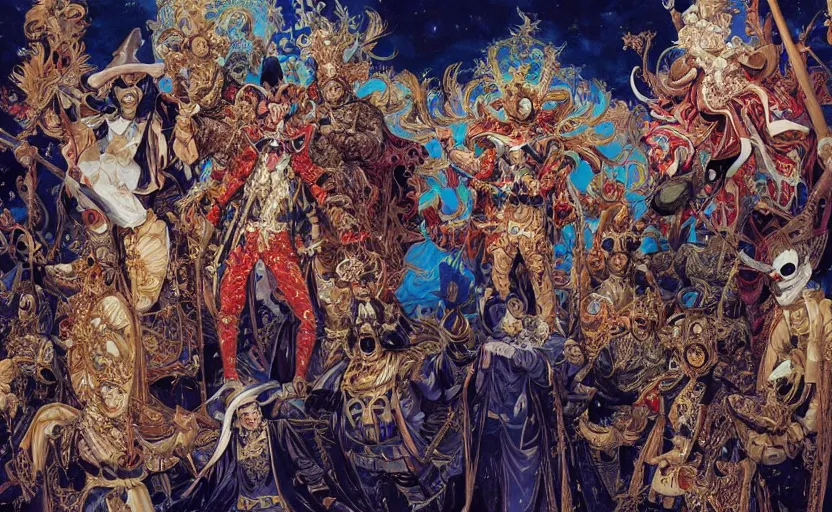 Image similar to the enchanted venice carnival dream with dancing masked people, behance hd artstation, by yoichi hatakenaka, masamune shirow, josan gonzales and dan mumford, ayami kojima, takato yamamoto, barclay shaw, karol bak, yukito kishiro