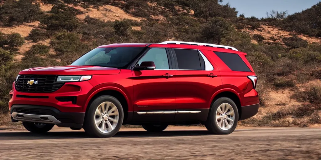 Prompt: A red SUV inspired by a 2022 Ford Explorer and 2022 Chevrolet Tahoe, driving along the coast of California, auto photography, action shot