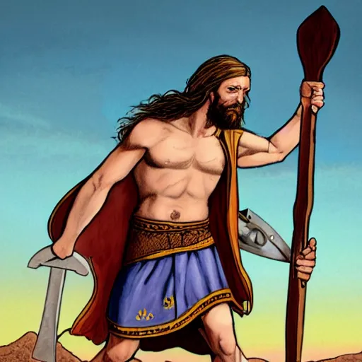 Image similar to Jesus Christ as a viking holding a battle axe yelling and raising his arms