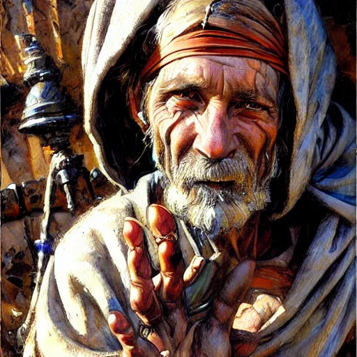 Prompt: medieval beggar in rags with a drop, looking up, fantasy character portrait by michael garmash, donato giancola