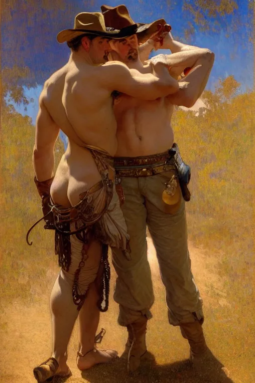 Prompt: a homoerotic painting by gaston bussiere, craig mullins, alphonse mucha j. c. leyendecker, clyde aspevig of two shirtless gunslingers in love standing back to back | bandoliers, leather clothing | mesa background, golden hour | natural lighting, path traced, highly detailed, high quality, digital painting, trending on artstation