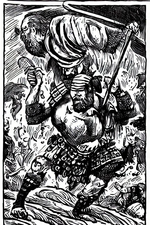 Prompt: ancient historically accurate depiction of the Bible Character Goliath of Gath, the Philistine warrior giant by mcbess