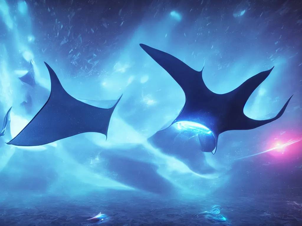 Prompt: giant manta ray on its journey through space, unreal engine 5, perspective 3 d octane render, psychedelic colours, cold blue color scheme!!!, by j. j. abrams, 8 k, light rays, lens flare, epic, hyperdetailed, trending on artstation