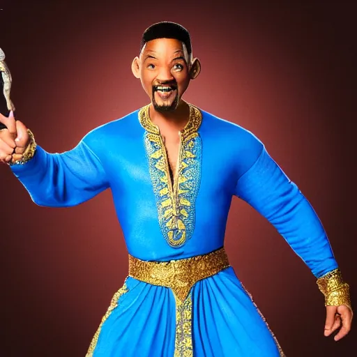 Image similar to will smith as the genie from alladin with a pistol, photo realistic, 8 k, detailed, will smith, alladin