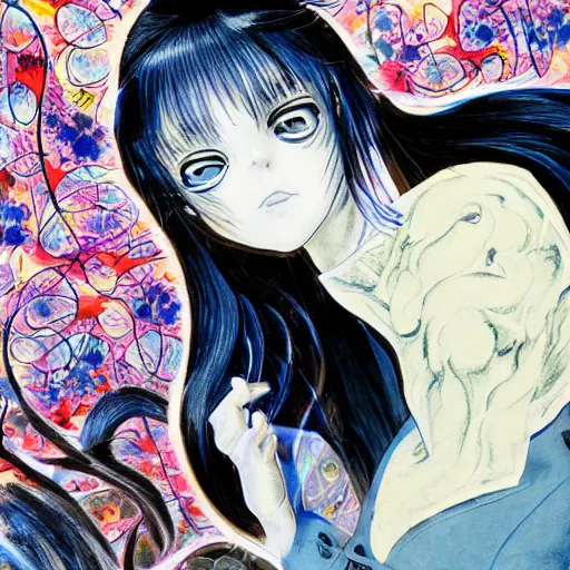 Prompt: yoshitaka amano realistic illustration of a sinister anime girl with big eyes and long wavy blue hair wearing dress suit with tie and surrounded by abstract junji ito style patterns in the background, blurred and dreamy illustration, noisy film grain effect, highly detailed, oil painting with expressive brush strokes