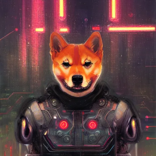 Image similar to tesla power armor realistic cyborg anthropomorphic shiba inu scifi kirlian photography electric field glowing, cyberpunk, portrait art by donato giancola and greg rutkowski, realistic face, glowing in tesla electricity visible magnetic field, digital art, trending on artstation, symmetry