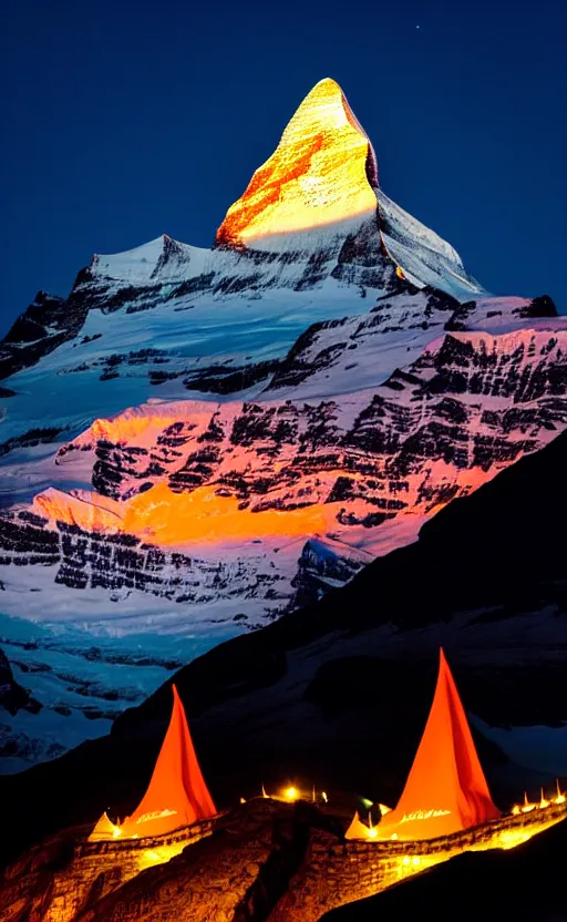 Image similar to a photo at nighttime of a powerful llumination of the matterhorn in the colors of indian flag, orange top, white middle, green base. projected illuminated on the matterhorn mountain at night