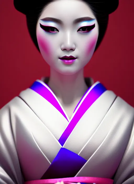 Image similar to Geisha extreme closeup photo portrait, beautiful makeup, pearlescent skin, elegant pose, highly detailed kimono, photorealism, artstation, different point of view, sharp focus, photorealistic, soft diffuse lights, canon 5D 50 mm lens, zen natural background, def of field