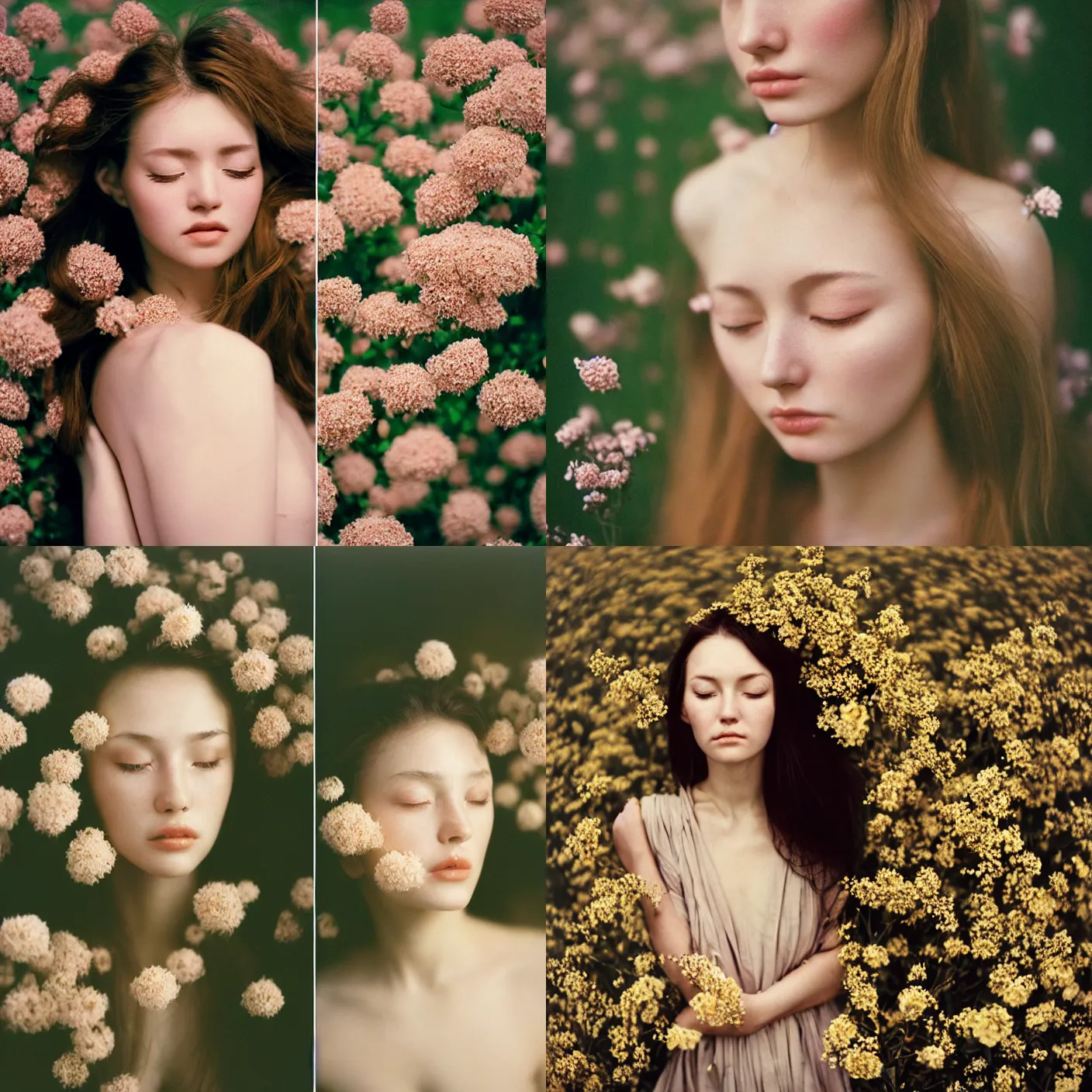 Prompt: An analog head and shoulder frontal face photography of a Caucasian woman surrounded by big!!! flowers by Zhang Jingna. Long hair. closed eyes. Kodak Portra 800 film. Depth of field. whirl bokeh. Sunshine. detailed. hq. realistic. warm light. muted colors. Moody. Filmic. Dreamy. lens flare. Leica M9, f/1.2, symmetrical balance, in-frame