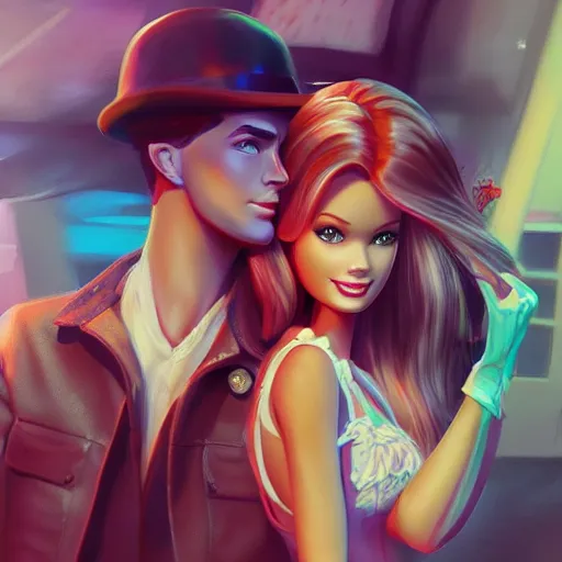 Prompt: barbie and ken as bonnie and clyde, in the style of artgerm, illustration, epic, fantasy, intricate, hyper detailed, artstation, concept art, smooth, sharp focus, ray tracing, vibrant, photorealistic, simon bisley