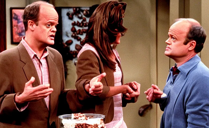 Prompt: the episode of frasier where everyone gets covered in chocolate