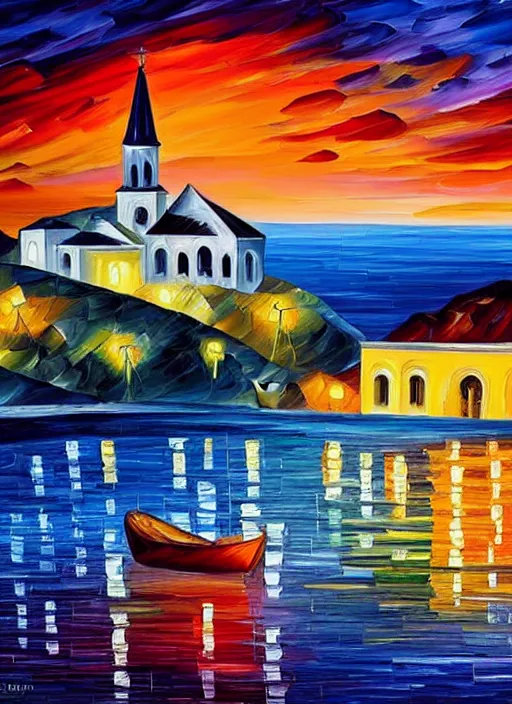 Image similar to beautiful seaside greek village and church at sunset in the style of leonid afremov