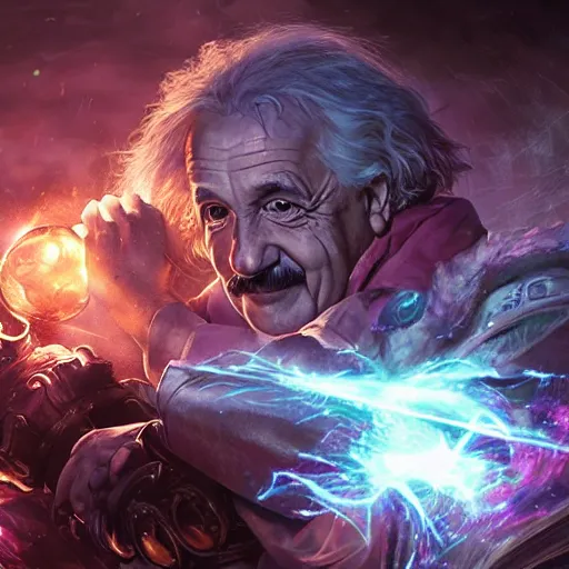 Image similar to portrait of albert einstein as a spellcaster, league of legends amazing splashscreen artwork, gears of war, splash art, natural light, elegant, photorealistic facial features, intricate, fantasy, detailed face, atmospheric lighting, anamorphic lens flare, cinematic lighting, league of legends splash art, hd wallpaper, ultra high details by greg rutkowski