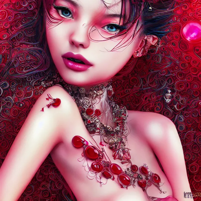 Image similar to an absurdly beautiful, elegant, young hypercolorful sensual gravure idol made of rubies and red gems, ultrafine hyperrealistic detailed face illustration by kim jung gi, irakli nadar, intricate linework, sharp focus, bright colors, matte, octopath traveler, final fantasy, unreal engine highly rendered, global illumination, radiant light, intricate environment