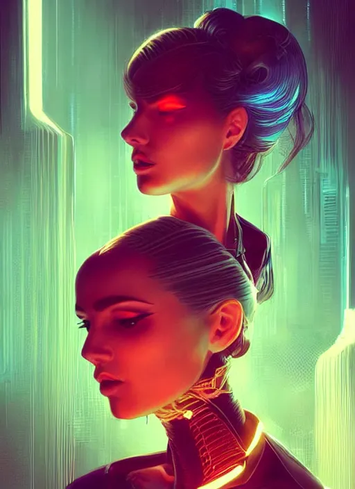 Prompt: portrait of female humanoid, intricate, retro 6 0 s cyberpunk high fashion, elegant, cyber neon lights, highly detailed, digital photography, trending in artstation, trending in pinterest, glamorous pose, concept art, smooth, sharp focus, art by artgerm and greg rutkowski