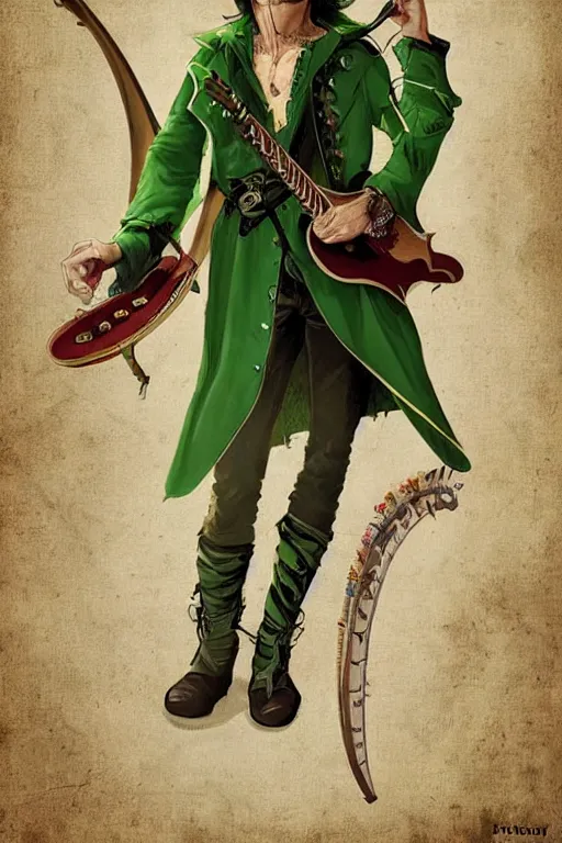 Image similar to Breathtaking comic book style of Johny Depp portrayed as a Dungeons and Dragons bard, playing the lute and wearing a pale green jacket in the style of ilya kuvshinov