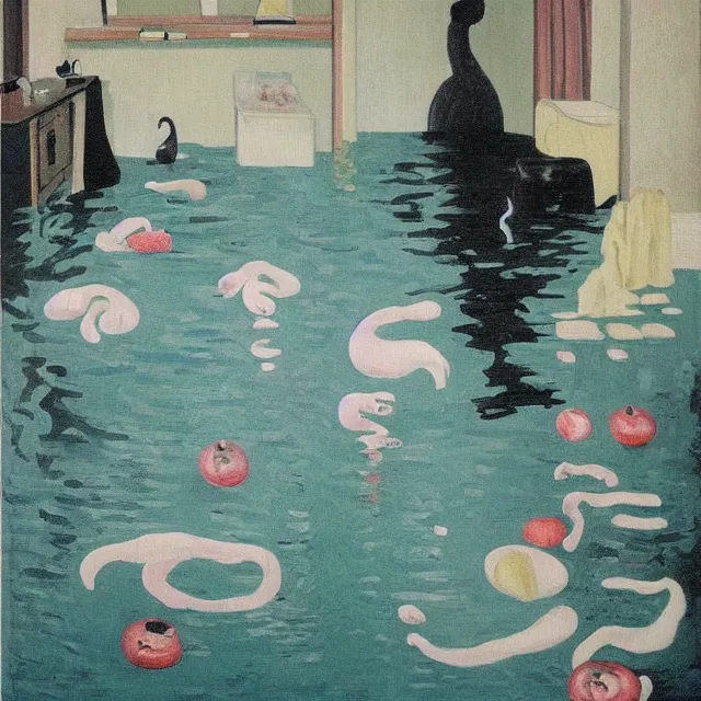 Image similar to painting of flood waters inside an apartment, emo catgirl art student, a river flooding inside, taps with running water, tangelos, zen, pigs, ikebana, water, river, rapids, waterfall, black swans, canoe, pomegranate, berries dripping, acrylic on canvas, surrealist, by magritte and monet