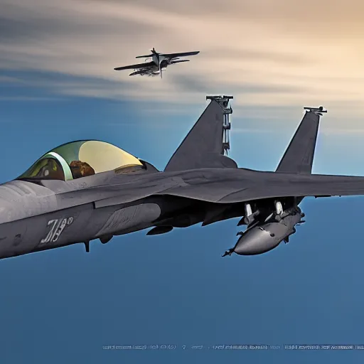 Prompt: Icarus surprised to see a F-15 flying next to him. Realistic render, 4k, hdr, dynamic lighting