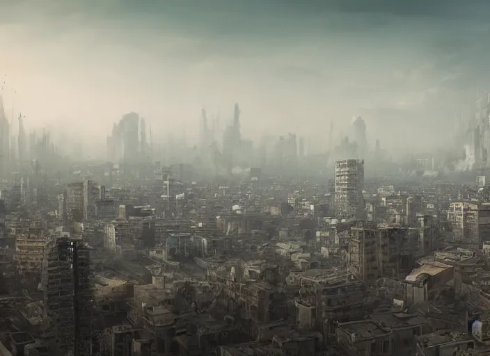 Prompt: polluted city of a dying world, cinematic matte painting