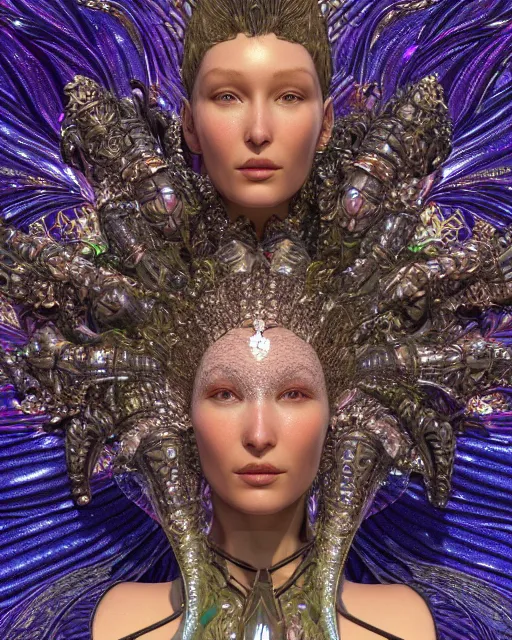 Image similar to a highly detailed metahuman 4 k close up render of an alien goddess bella hadid monument seraphim in iris van herpen dress schiaparelli in diamonds crystals swarovski and jewelry iridescent in style of alphonse mucha gustav klimt trending on artstation made in unreal engine 4