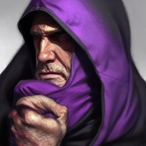 Image similar to ultra realistic illustration, man in a black hood, in a striped purple balaclava, mysterious, highly detailed, digital painting, artstation, concept art, smooth, sharp focus, illustration, art by artgerm and greg rutkowski and alphonse mucha