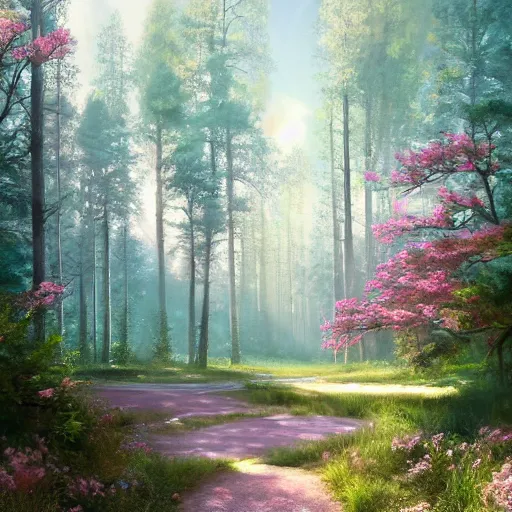 Prompt: solace hermatige cottage peaceful clouds beautiful woods trees pine, nice view, gradient of pink and blue, mystical realistic poster with shaded lighting by craig mallismo, artgerm, jeremy lipkin and michael garmash, unreal engine, radiant light, detailed and complex environment city utopia