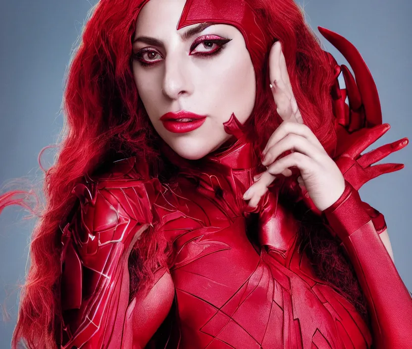 Image similar to photoshoot of lady gaga as the scarlet witch in wandavision , magazine, High resolution. Highly detailed. Dramatic. 8k.4k.