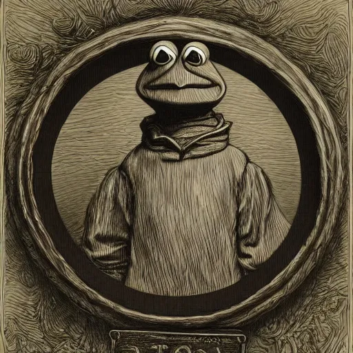 Image similar to Kermit the Frog as an actual human being by Gustave Dore, Sesame Street, intricate, very very detailed