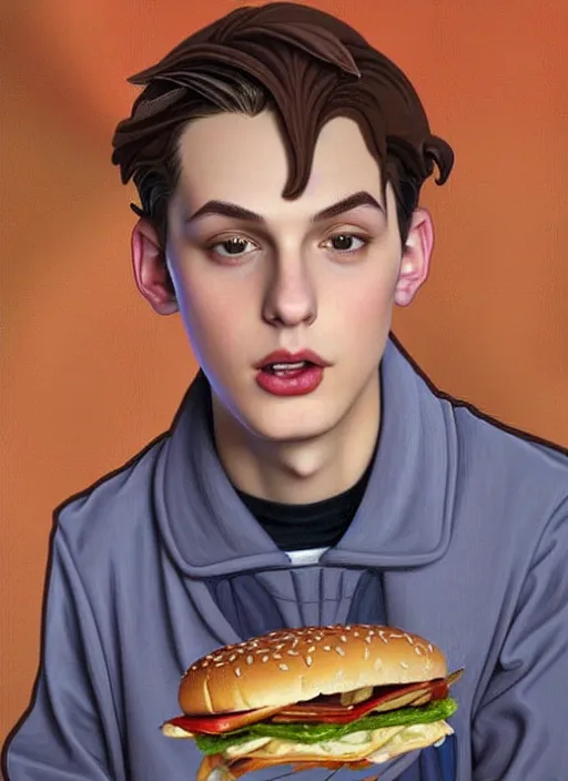 Image similar to oil painting, teenage jughead jones, wears a light grey crown, and devours a hamburger, intricate, elegant, highly detailed, pinocchio nose, lighting, painting, artstation, smooth, illustration, art by greg rutowski and alphonse mucha