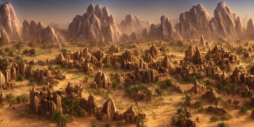 Image similar to Sprawling high fantasy oasis desert village, Cinematic Matte Painting, Insanely Detailed, Award Winning, Trending on Artstation, 8k, UHD