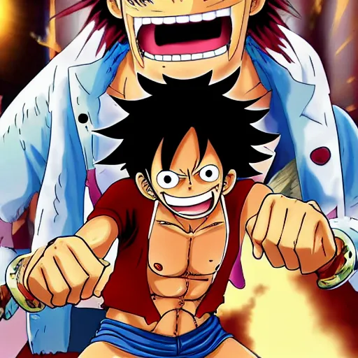 Prompt: monkey d luffy in gear 5 form punching Marshall d teach in the stomach, anime, full color