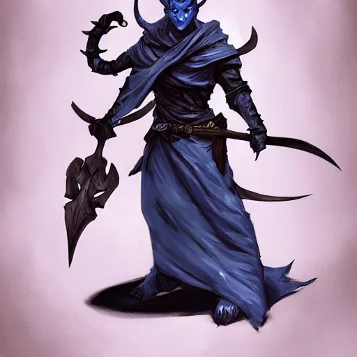 Image similar to D&D character concept art of a cloaked tiefling, tiefling rogue, blue skin color with short horns and a devil tail, fighting pose of a Rogue holding daggers, black cloak hidden in shadows, full body pose, soft colors, fantasy, intricate, elegant, highly detailed, digital painting, artstation, concept art, smooth, sharp focus, illustration, wide angle shot, full body visible, art by artgerm and H R Giger and alphonse mucha