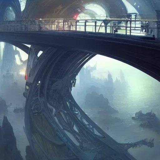 Image similar to the most beautiful futuristic bridge, reflexions, very high details by william turner art, greg rutkowski and alphonse mucha, trending on artstation, very very detailed, masterpiece