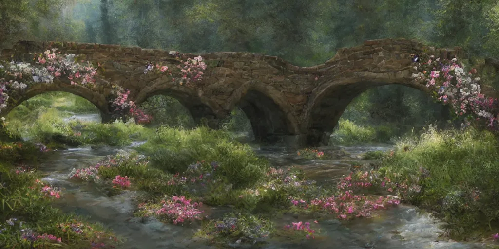 Prompt: matte painting of an old mason bridge decorated with flowers alongside above a small river stream, realistic, 4 k, artstation, dreamy, fog, volumetric lighting