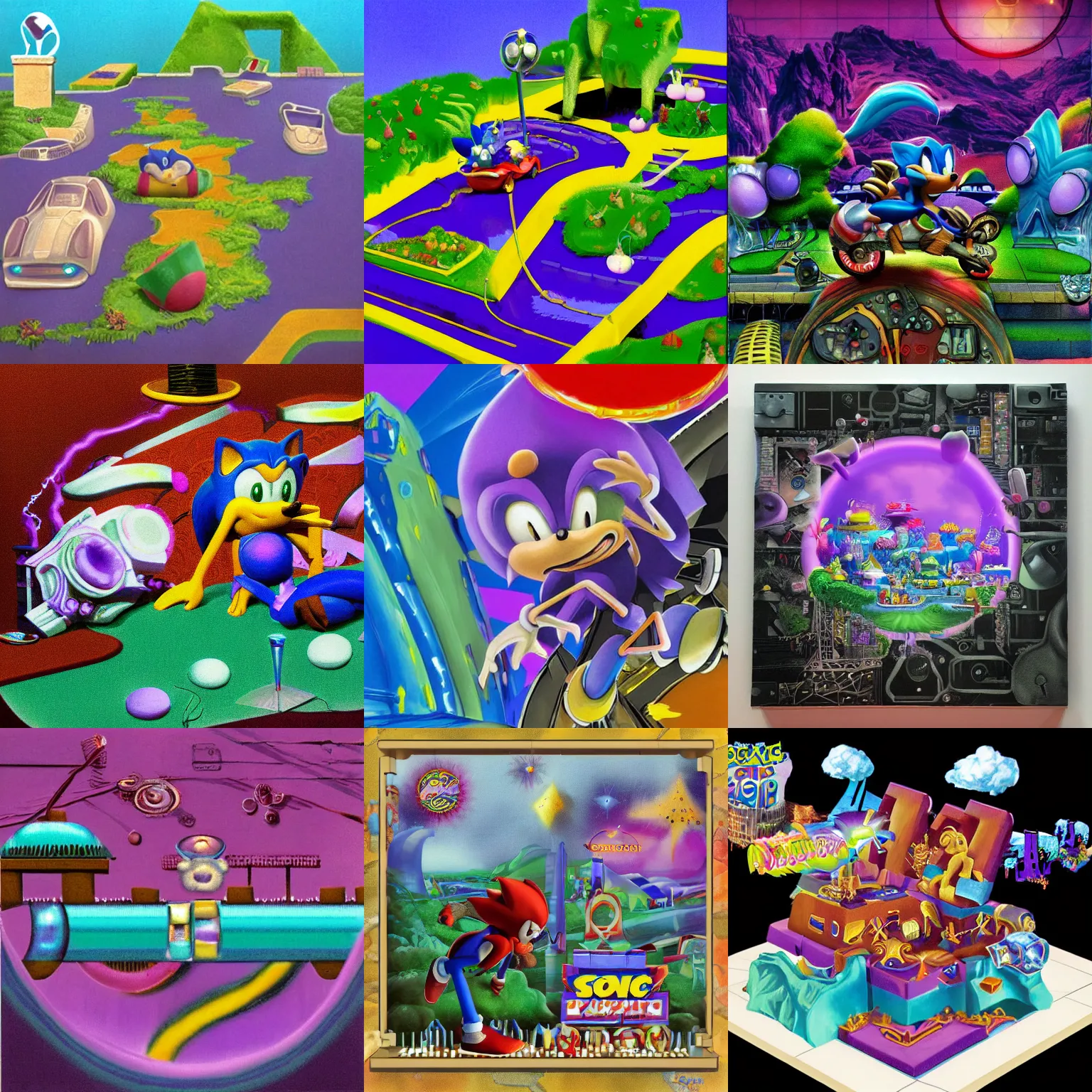 Prompt: dreaming of portrait of sonic hedgehog deconstructivist claymation sega with matte painting landscape of a surreal sharp, jazz cup detailed professional soft pastels high quality airbrush art album cover of a liquid dissolving airbrush art lsd sonic the hedgehog swimming through cyberspace purple teal checkerboard background 1 9 9 0 s 1 9 9 2 sega genesis rareware video game album cover