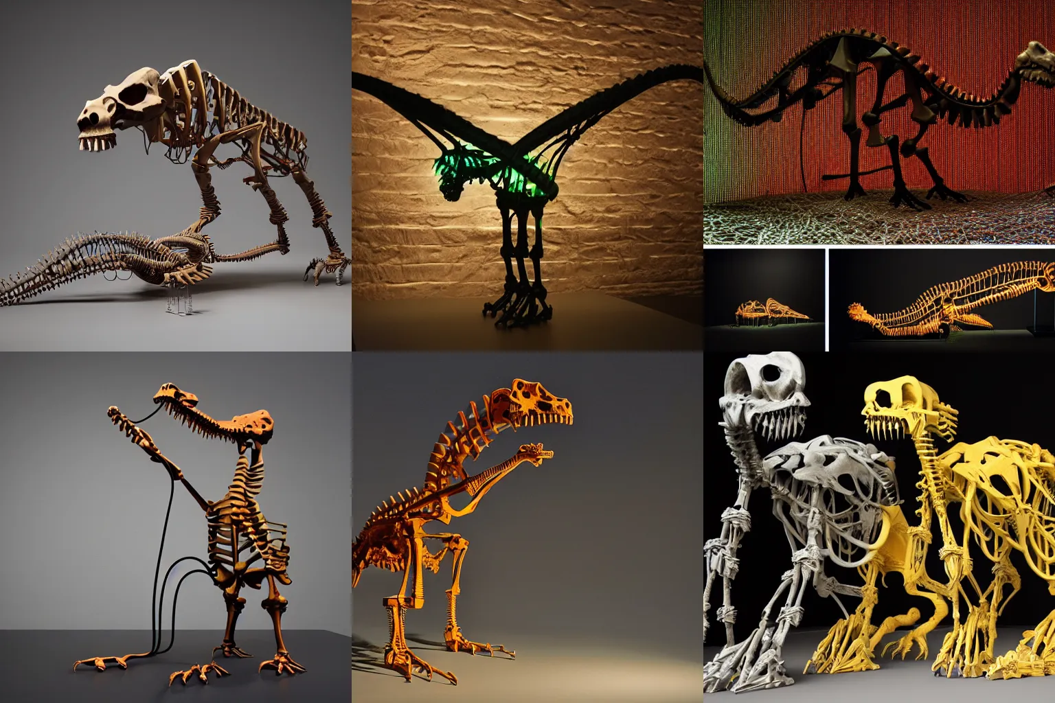 Prompt: Simple funny mechanic organic dinosaur skeleton toy sculpture made from cables, wires and tubes by moebius, by david lachapelle, by angus mckie, by rhads, by jeff koons, in a dark empty black studio hollow, c4d, at night, rimlight