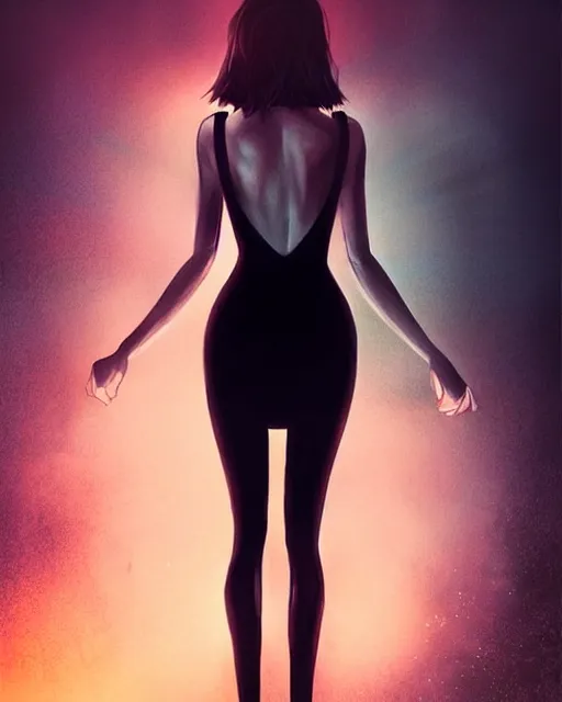 Image similar to style of mikko lagerstedt, artgerm : : gorgeous willa holland : : evil witch, swirling black magic, black dress : : symmetrical face, symmetrical eyes : : full body pose : : gorgeous black hair : : magic lighting, low spacial lighting : :