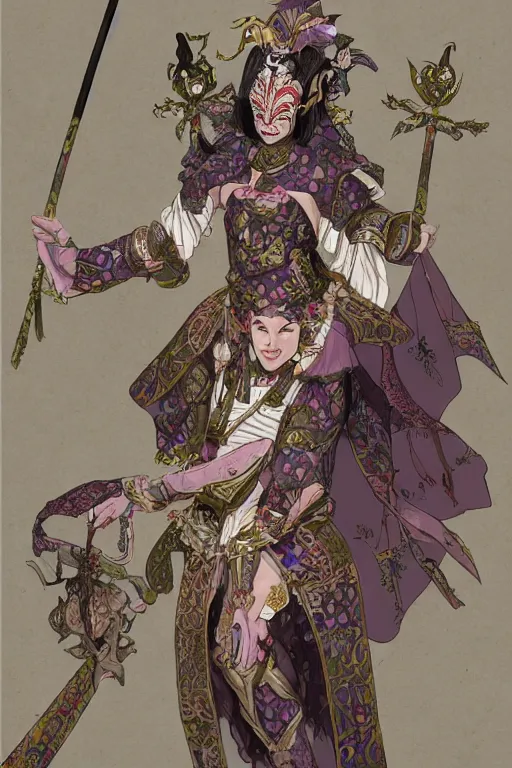 Prompt: full - bodied portrait, female changeling in floral - patterned eastern light armor, wielding a decorated halberd, barefoot in sandals, noh theatre mask, mischievous, capricious, energetic, provocative, seductive, realistic proportions, reasonable fantasy art, in the style of dnd illustrations, pathfinder, ttrpg.