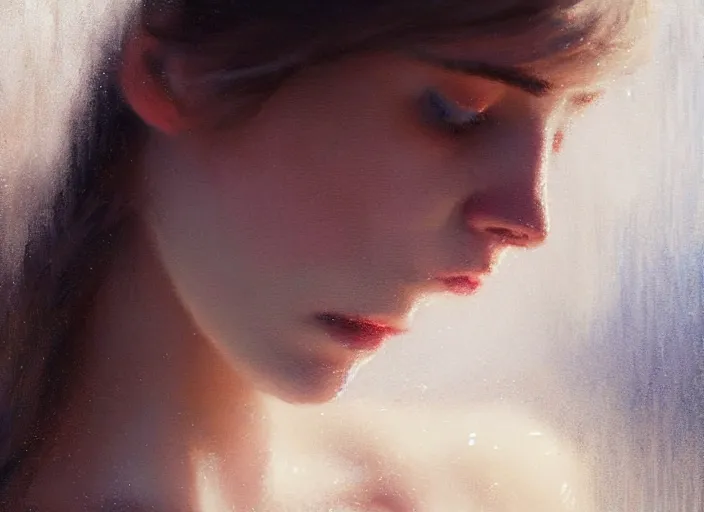 Image similar to close up picture of a white dress girl, hard breathing, messy hair, beautiful and aesthetic and attractive and detailed face, specular reflection, occlusion shadow, intricate, bokeh, masterpiece, by ilya kuvshinov and jeremy lipking and quentin mabille