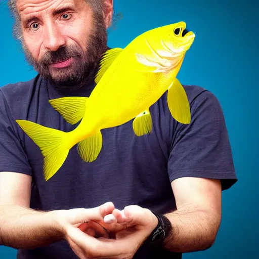 Image similar to A photo of a suprised man holding the world's mos yellow fish, realistic, ultra high detail, 8k.