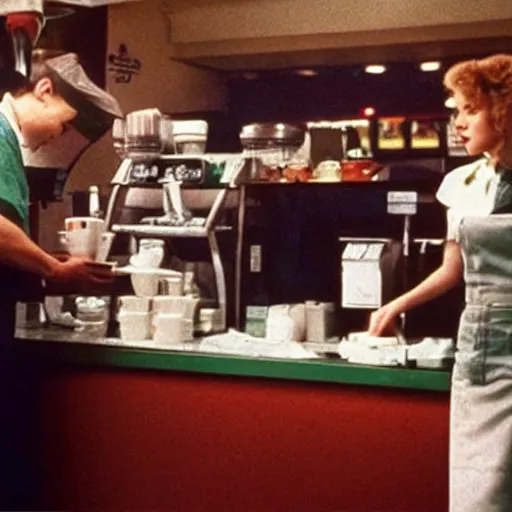 Image similar to Scarlett Johansson serving coffee at the double r diner in Twin Peaks (1990)