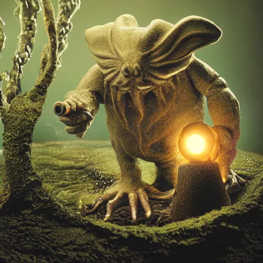 Prompt: miniature cthulhu stepping out of a rabbit hole in the ground, mist on the ground, a large dog is barking at the tiny cthulhu, dark, horror, volumetric lighting