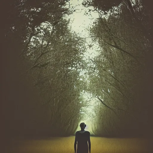 Prompt: kodak portra 1 6 0 photograph of a skinny guy standing in field of dead trees, flower crown, back view, moody lighting, moody vibe, telephoto, 9 0 s vibe, blurry background, tranquil, calm, faded!,