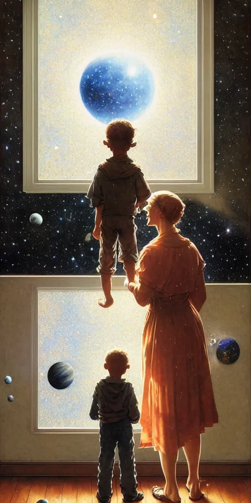 Image similar to a mother and her son looking at the wall of their bedroom and seeing the universe full of galaxies and planets, imagination, part by norman rockwell, part by greg rutkowski, part by mattias adolfsson, high angle, ( ( ( ( volumetric lighting ) ) ) ), oil on canvas