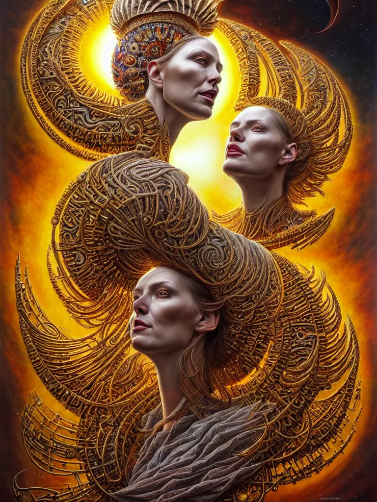 Image similar to hyper-realistic fullbody portrait. very complex hyper-maximalist overdetailed cinematic cosmic scifi portrait of an elegant very attractive sun goddess mother of the universe by andrei riabovitchev, tomasz alen kopera, oleksandra shchaslyva and peter morbacher. Extremely ornated and decorative. Fancy luxury beautiful. Omnious intricate. Secessionist portrait illustration. Goddess of the sky. Focus on face. Artstation. Deviantart. 8k 4k 64megapixel. Rendered by binx.ly.