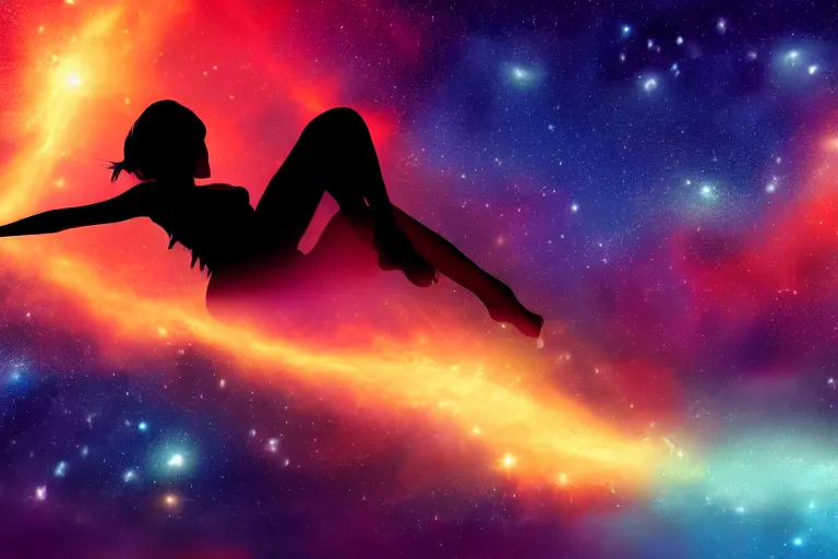 Image similar to silhouette of a girl laying horizontally but floating and exploding into incredible stars and nebula, digital art trending on artstation