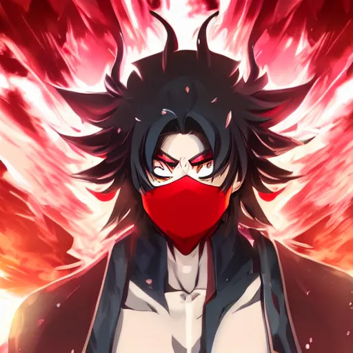 Prompt: handsome guy in demon slayer art, anime style, 4k , detailed, detailed face, high quality, smooth, sharp focus, beautiful scene, face high detail, mask, red background